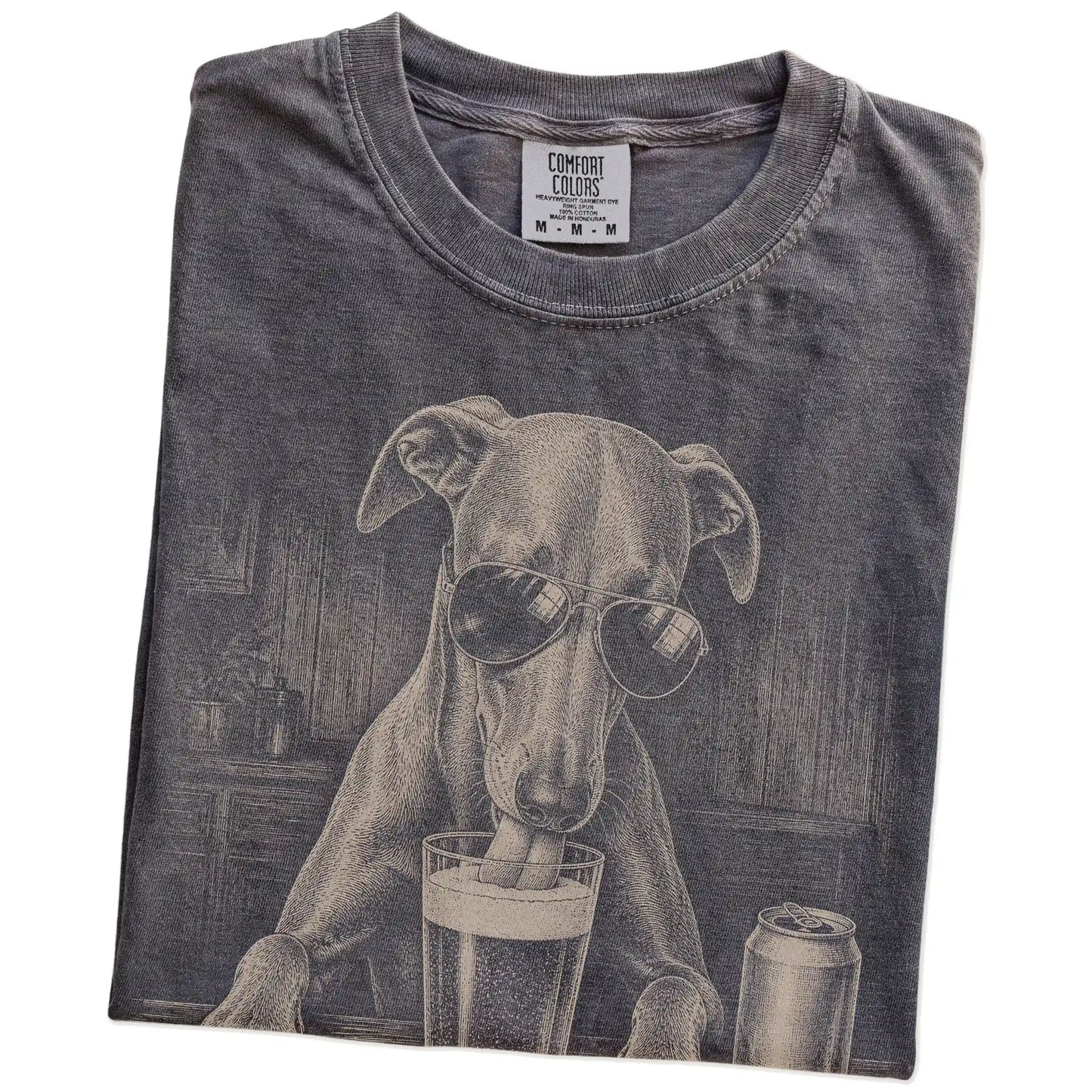 Folded Pepper Comfort Colors® t-shirt showing Whippet sneaking a drink from a pint
