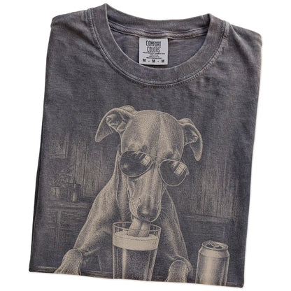 Folded Pepper Comfort Colors® t-shirt showing Whippet sneaking a drink from a pint