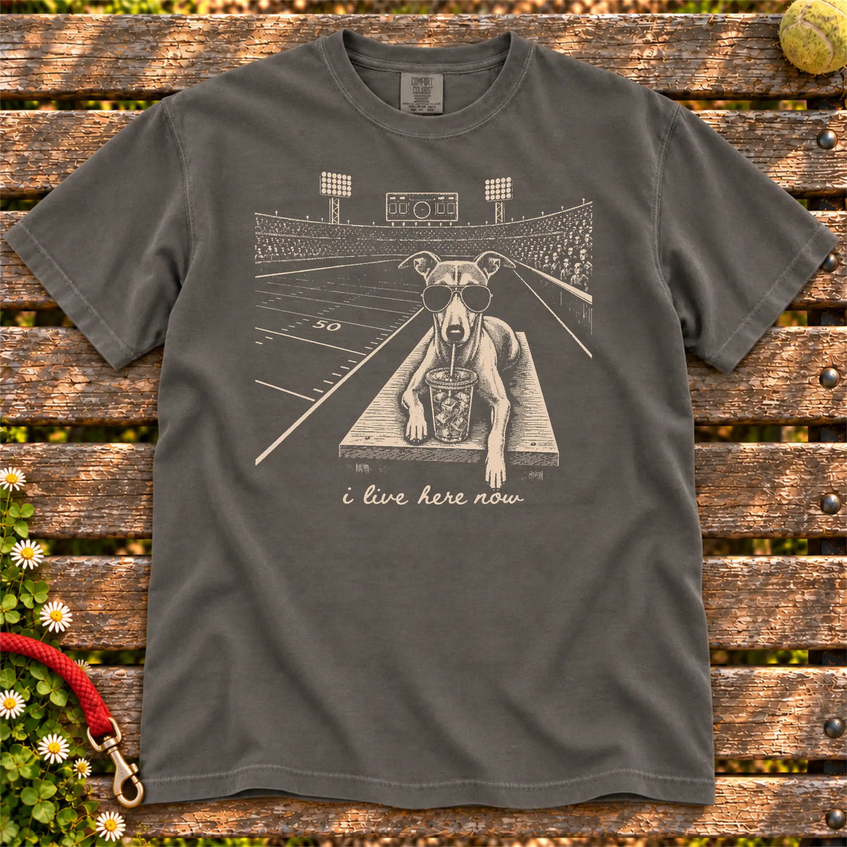 Whippet Iced Coffee Football design on a Pepper Comfort Colors T-shirt, shown flat