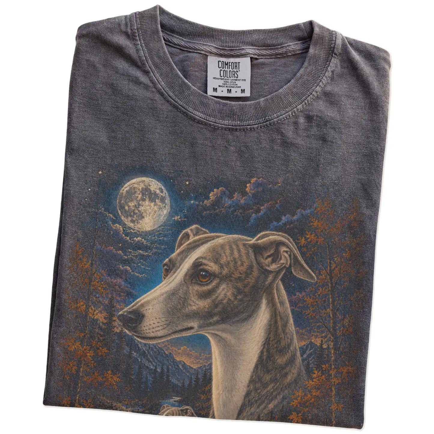 Folded Pepper Comfort Colors® t-shirt showing Whippet in a fall forest graphic