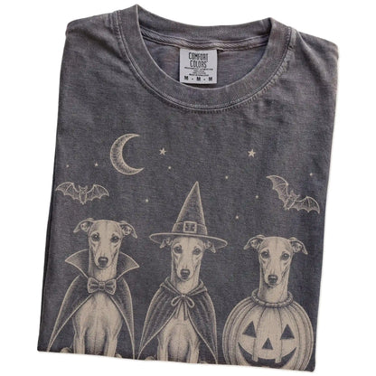 Folded Pepper Comfort Colors® T-shirt showing three Whippet dogs dressed for Halloween beneath bats and a crescent moon
