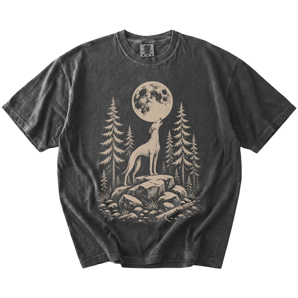 Whippet howling beneath the moon and pine trees on a Pepper Comfort Colors® T-shirt
