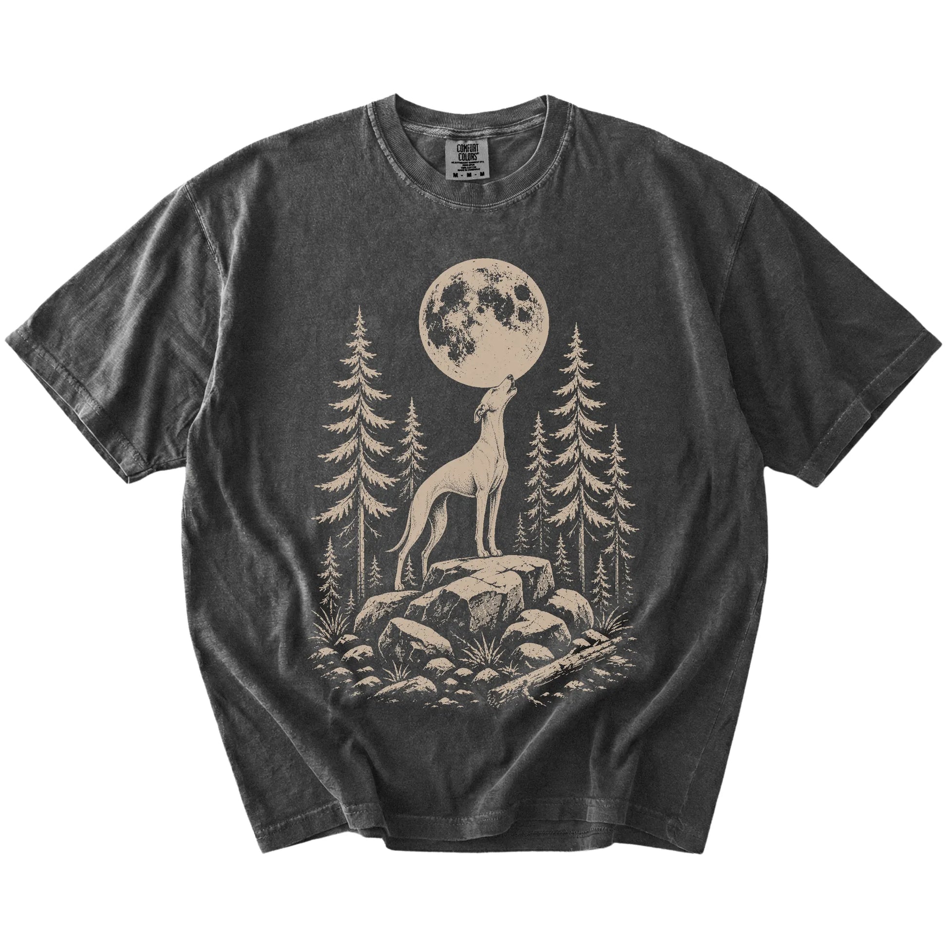 Whippet howling beneath the moon and pine trees on a Pepper Comfort Colors® T-shirt
