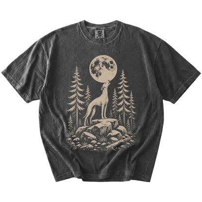 Whippet howling beneath the moon and pine trees on a Pepper Comfort Colors® T-shirt