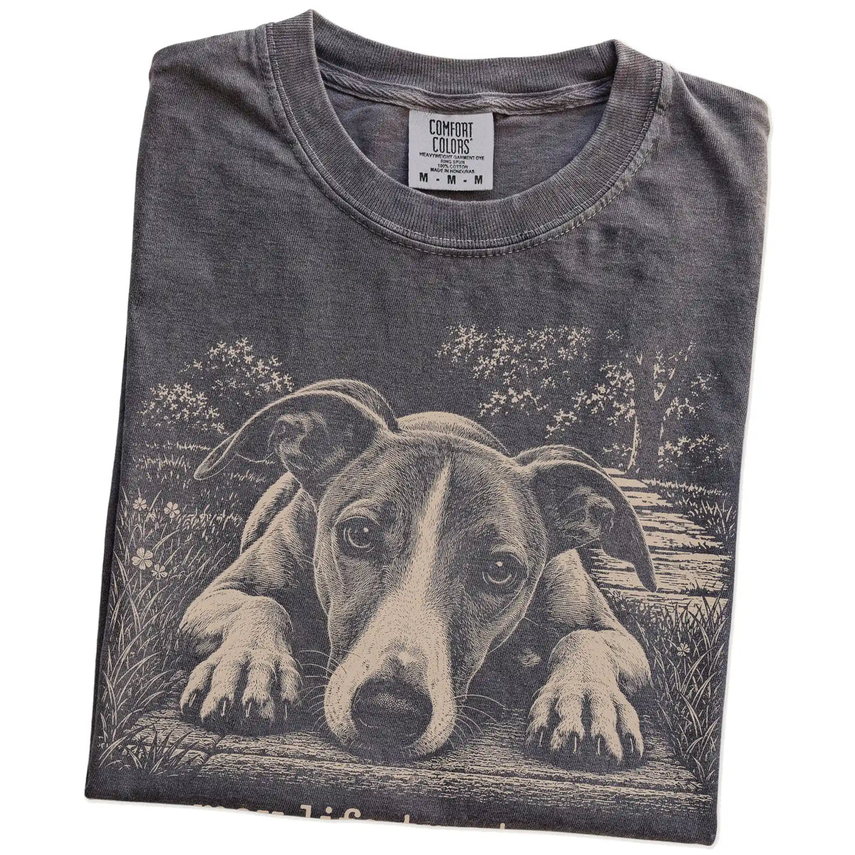 Whippet Karma Comfort Colors T-shirt in Pepper — Folded Detail