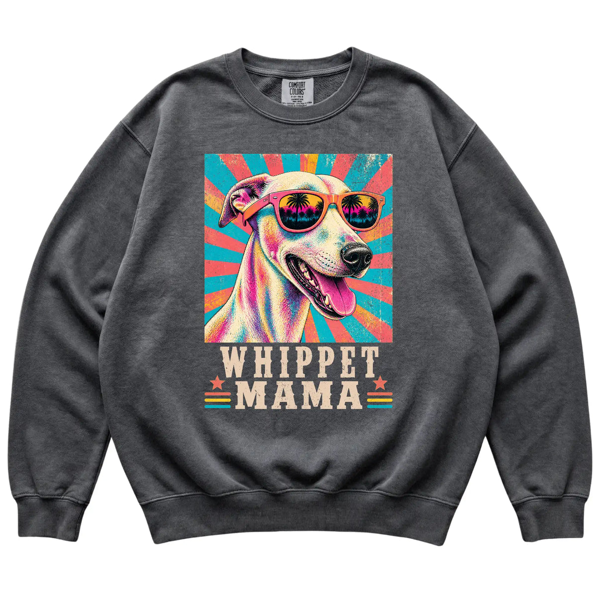 Retro Whippet Mama design on a Pepper Comfort Colors sweatshirt