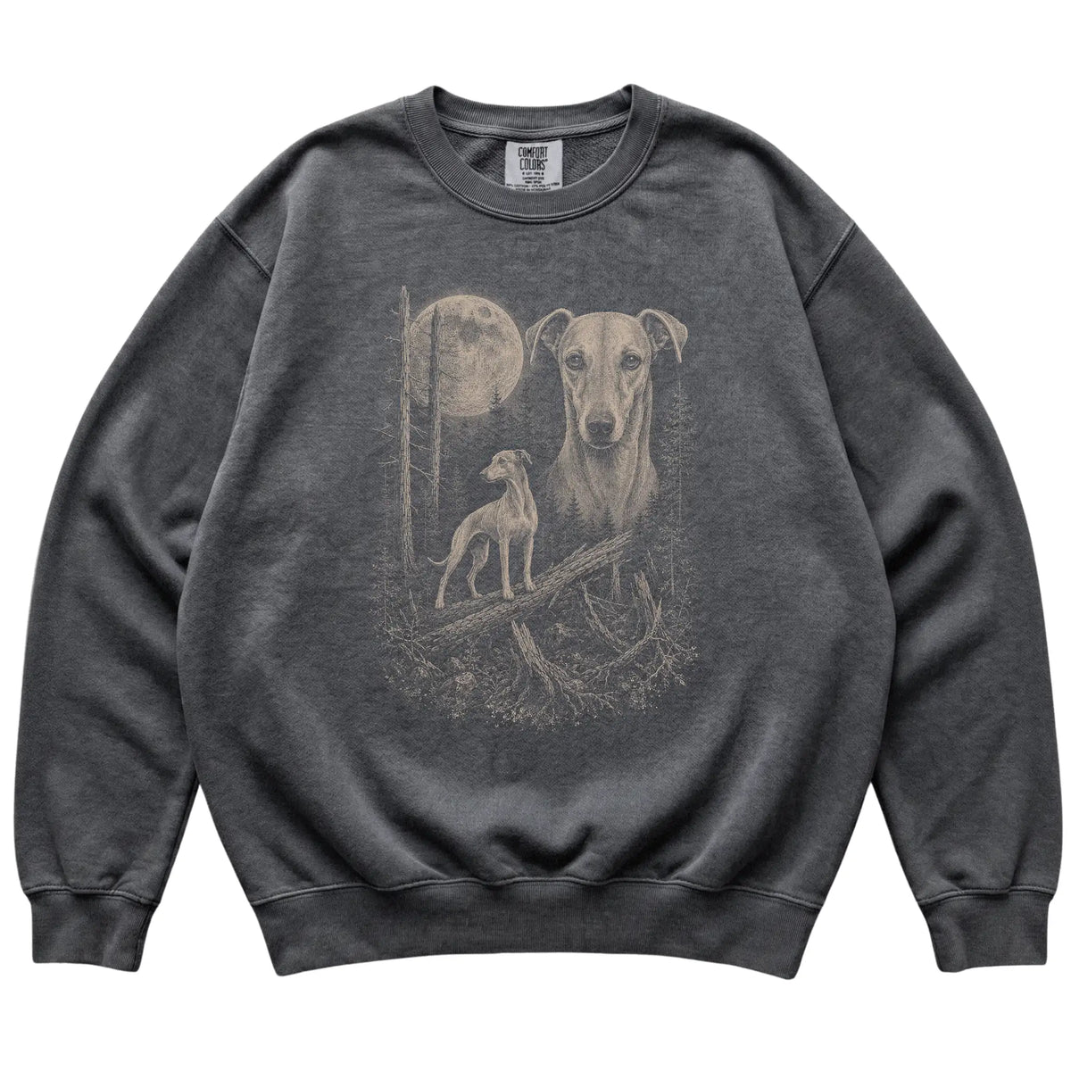 Pepper Whippet Moonlit Forest Comfort Colors sweatshirt, flat view