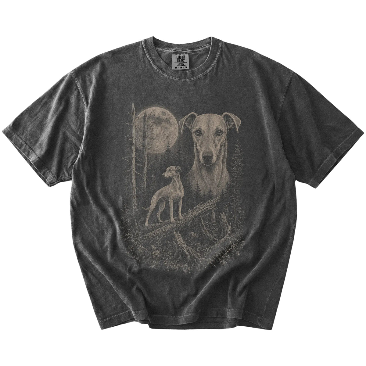Pepper Whippet Moonlit Forest T-Shirt laid flat