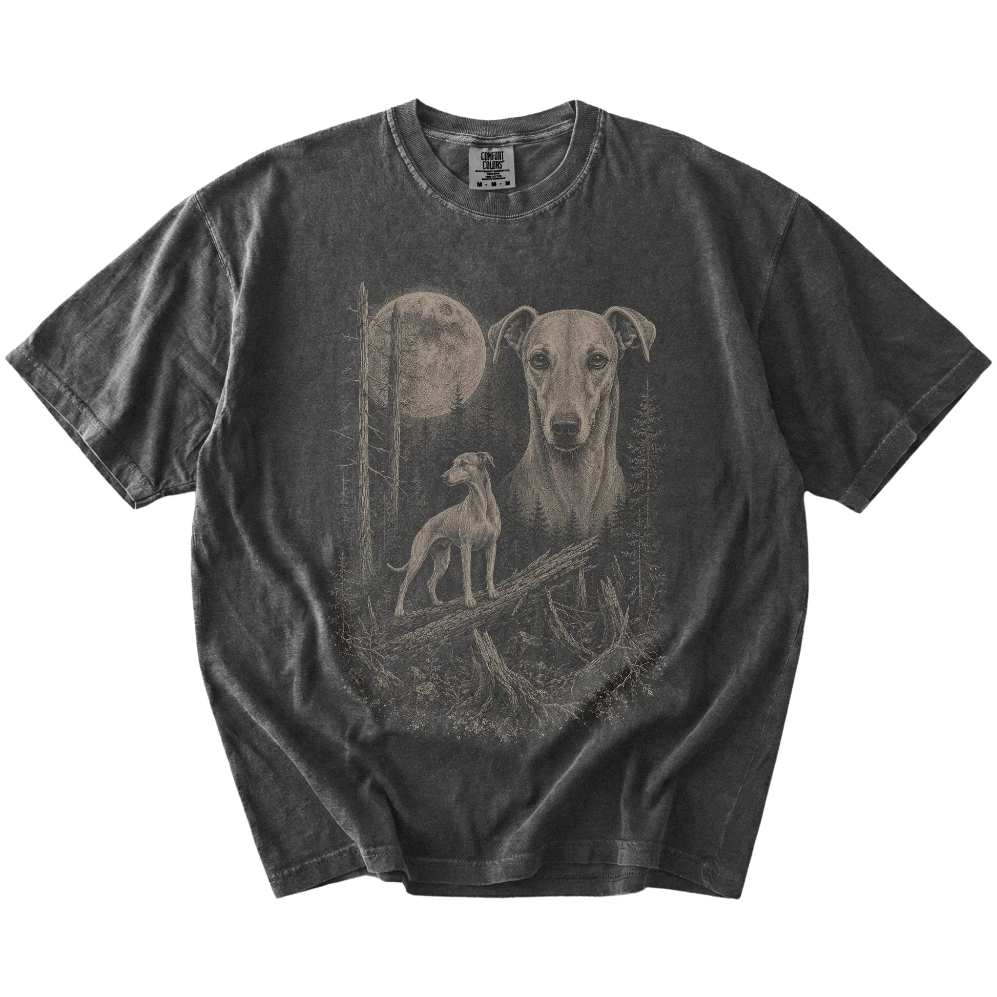 Pepper Whippet Moonlit Forest T-Shirt laid flat