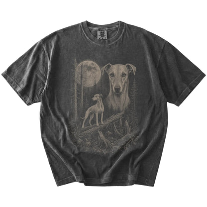 Pepper Whippet Moonlit Forest T-Shirt laid flat