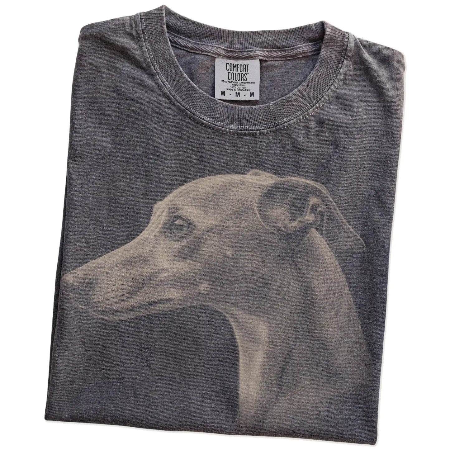 Folded Pepper Comfort Colors® T-shirt showing a detailed photographic portrait of a Whippet