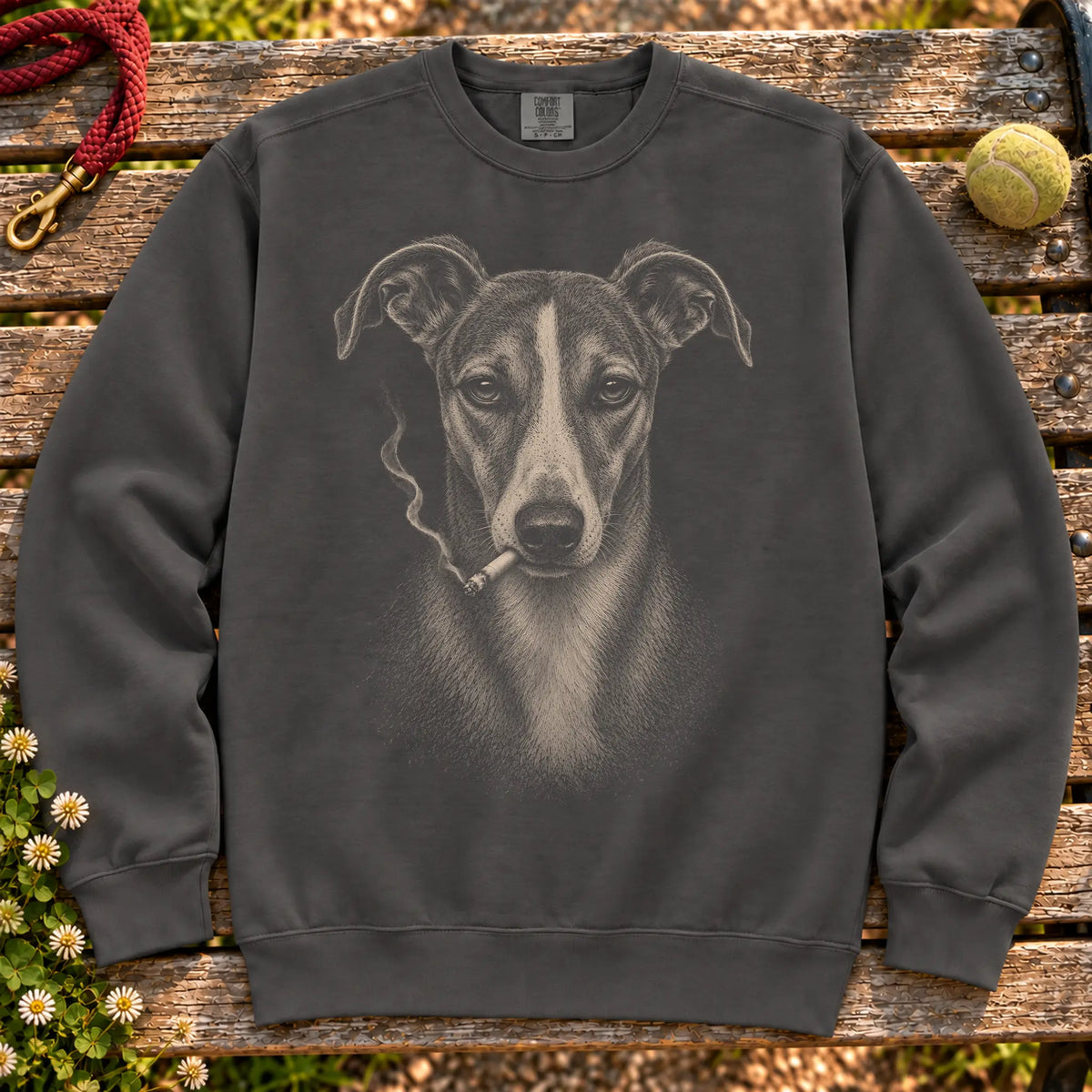 Whippet smoking design on a Pepper sweatshirt