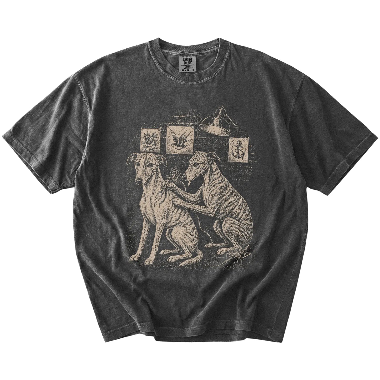 Pepper Whippet Tattoo t-shirt laid flat