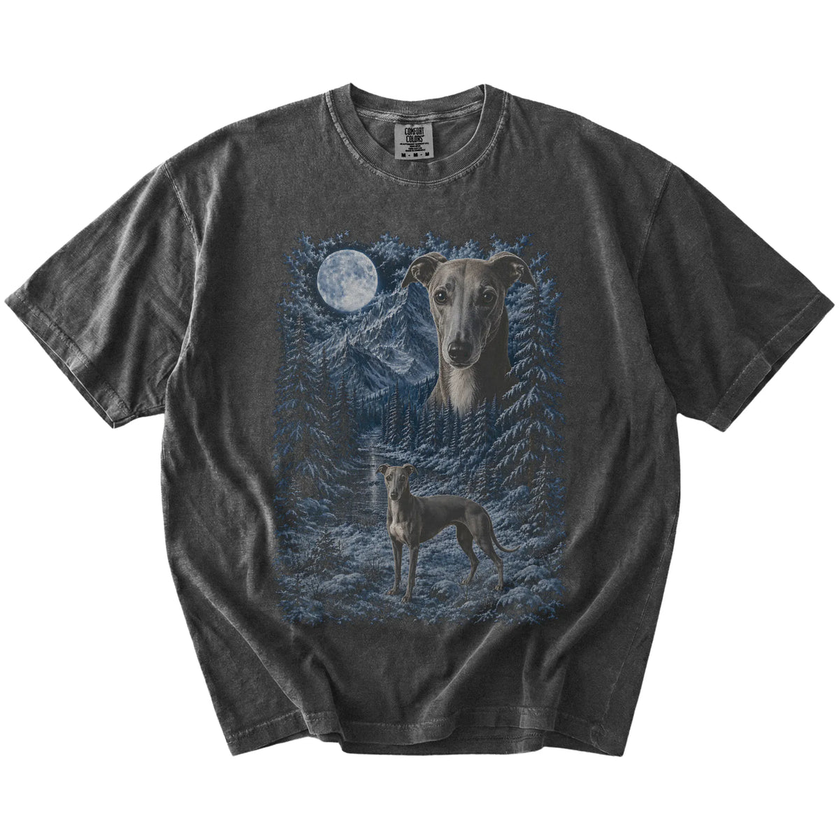 pepper T-shirt with Whippet Winter Moon artwork.