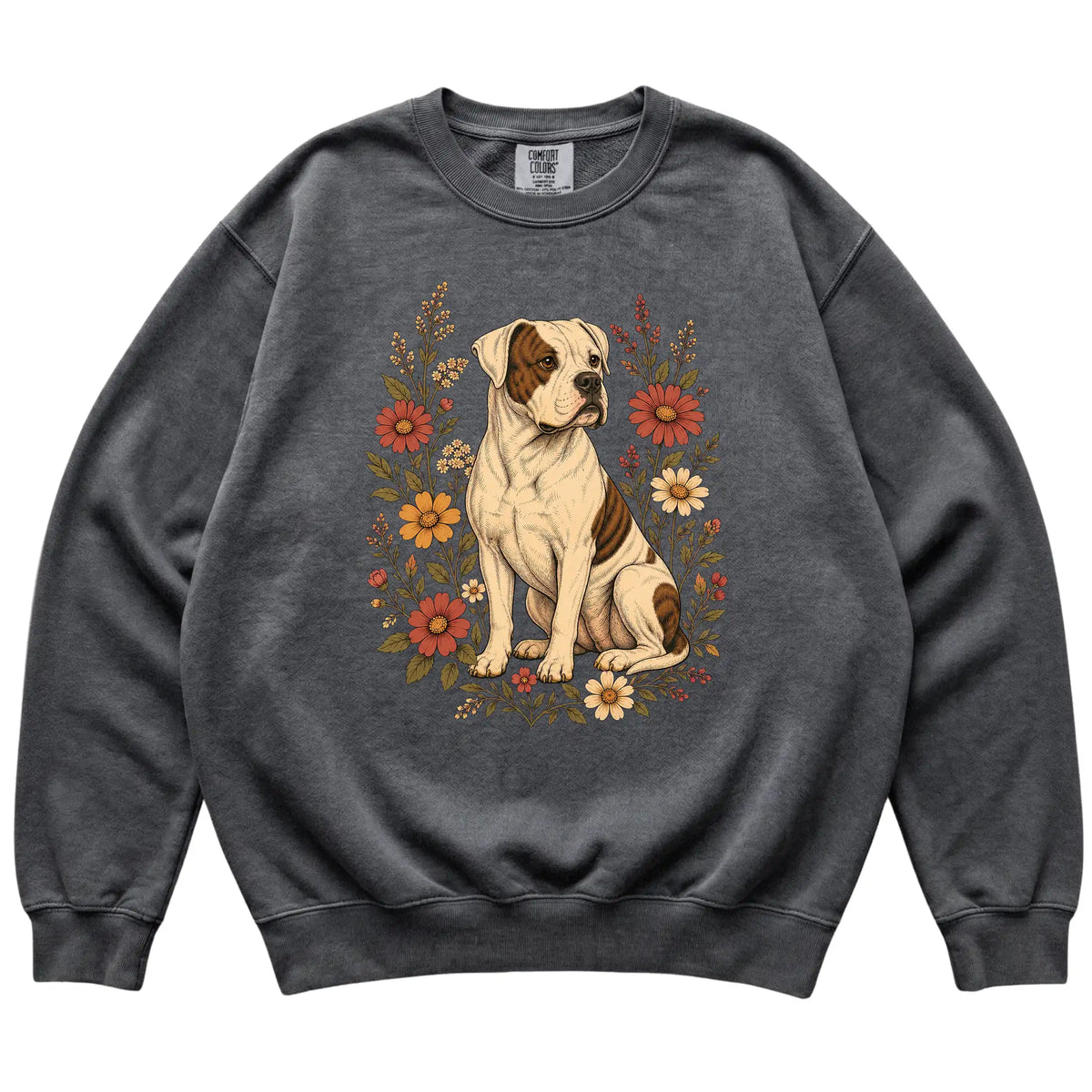 Pepper Comfort Colors® sweatshirt with American Bulldog portrait and wildflowers, flat lay