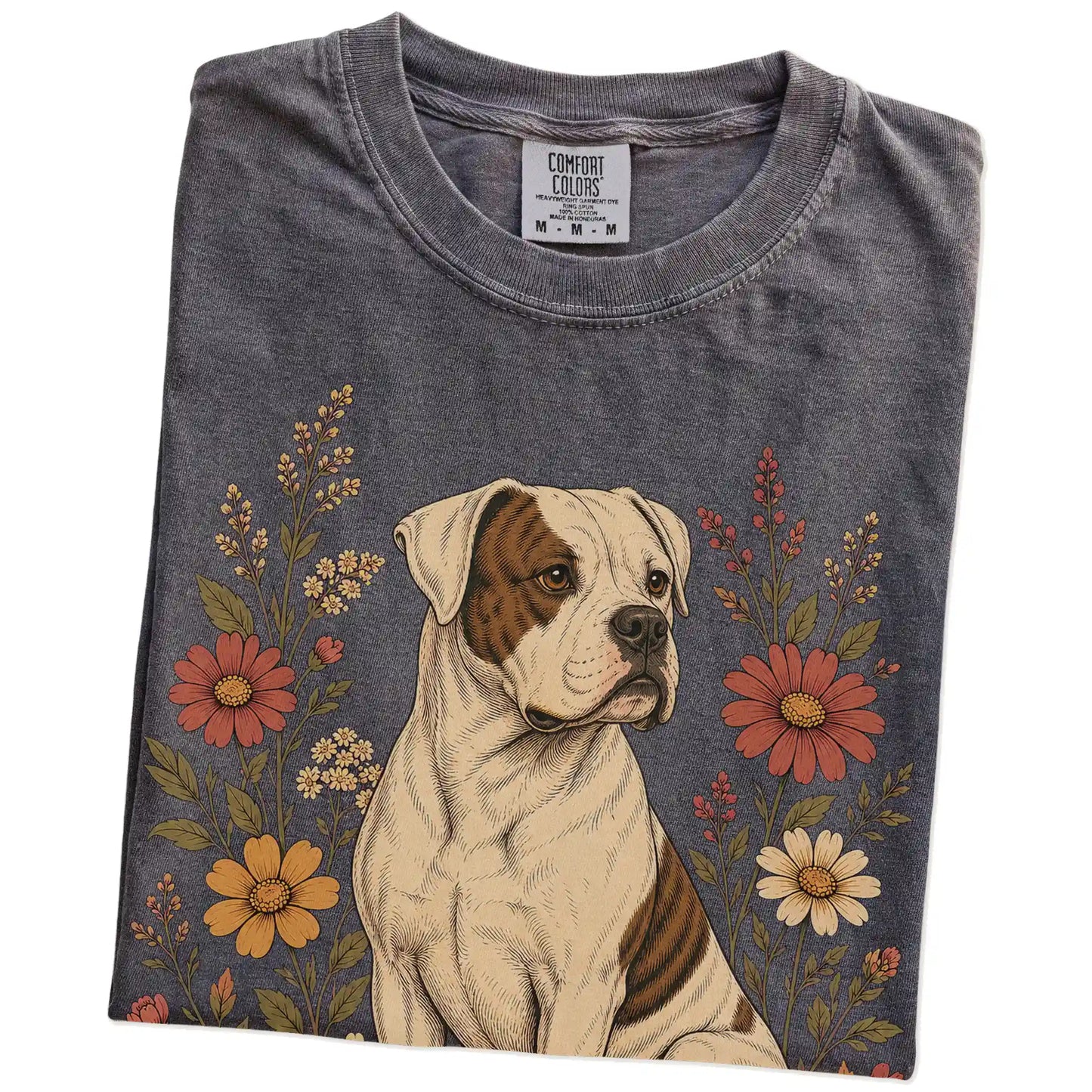 Folded Pepper Comfort Colors® T-shirt showing American Bulldog portrait surrounded by wildflowers beneath the moon
