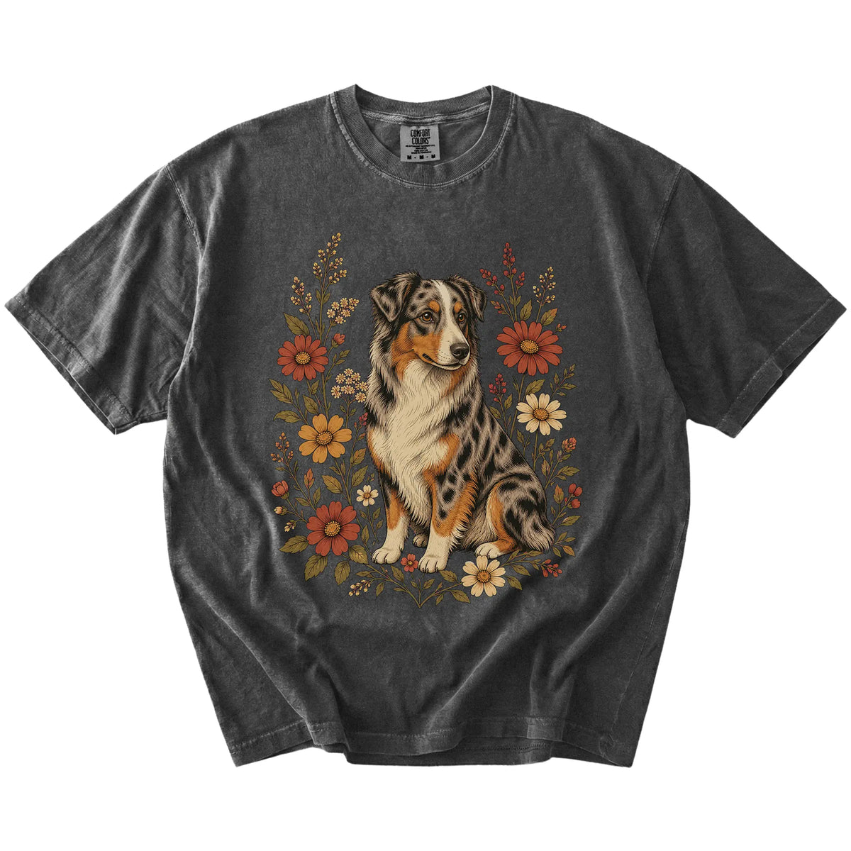 Australian Shepherd portrait surrounded by wildflowers beneath the moon on a Pepper Comfort Colors® T-shirt