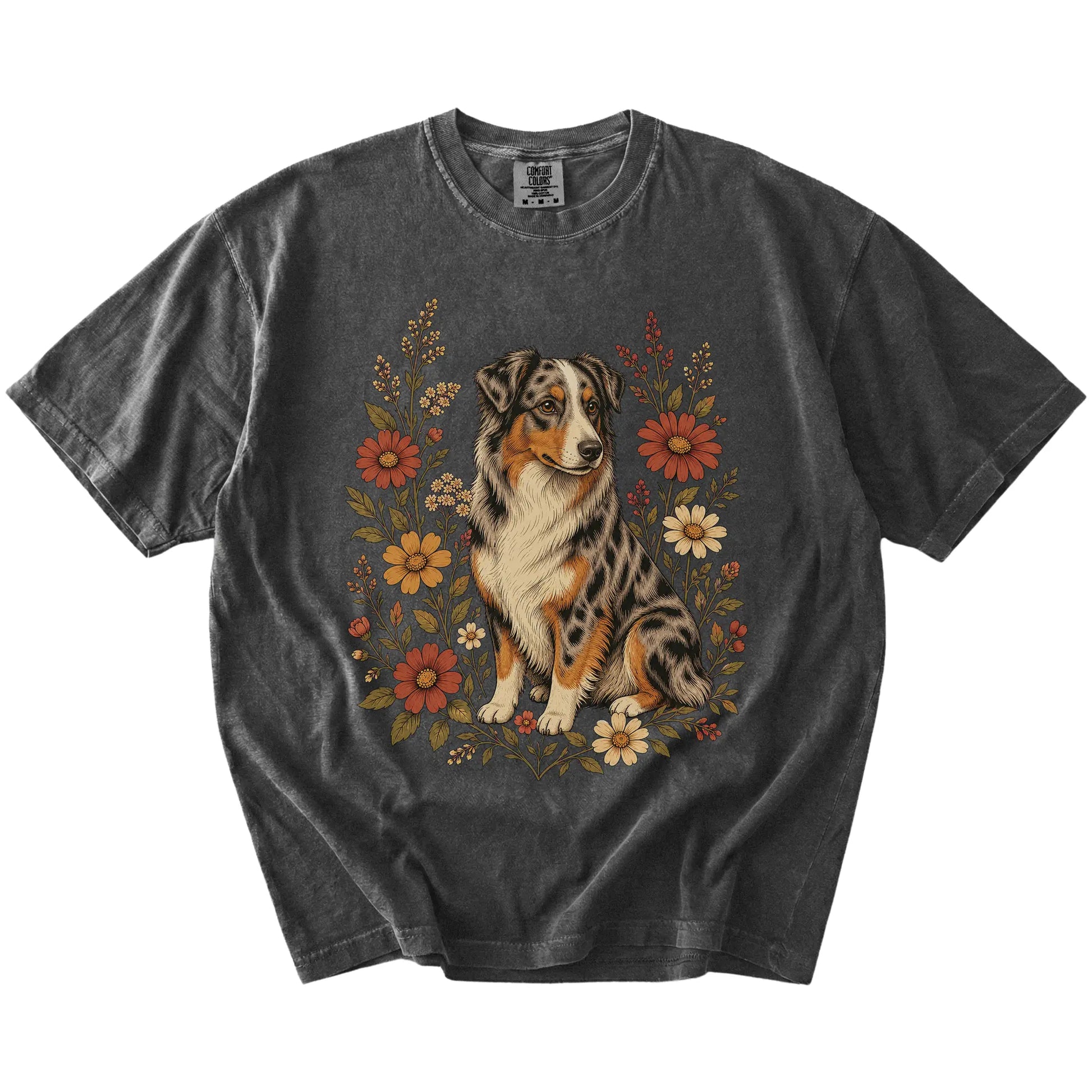 Australian Shepherd portrait surrounded by wildflowers beneath the moon on a Pepper Comfort Colors® T-shirt