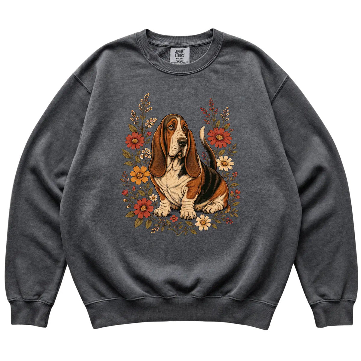 Pepper Comfort Colors® sweatshirt with Basset Hound portrait and wildflowers, flat lay