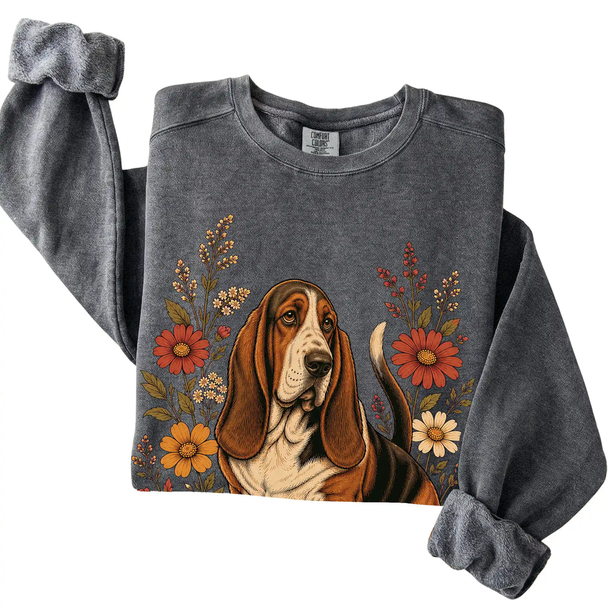 Pepper Comfort Colors® sweatshirt with Basset Hound portrait and wildflowers, folded view