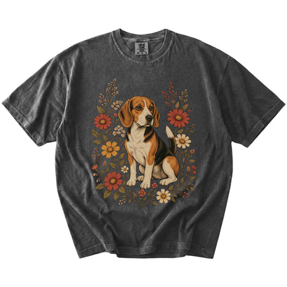 Beagle portrait surrounded by wildflowers beneath the moon on a Pepper Comfort Colors® T-shirt