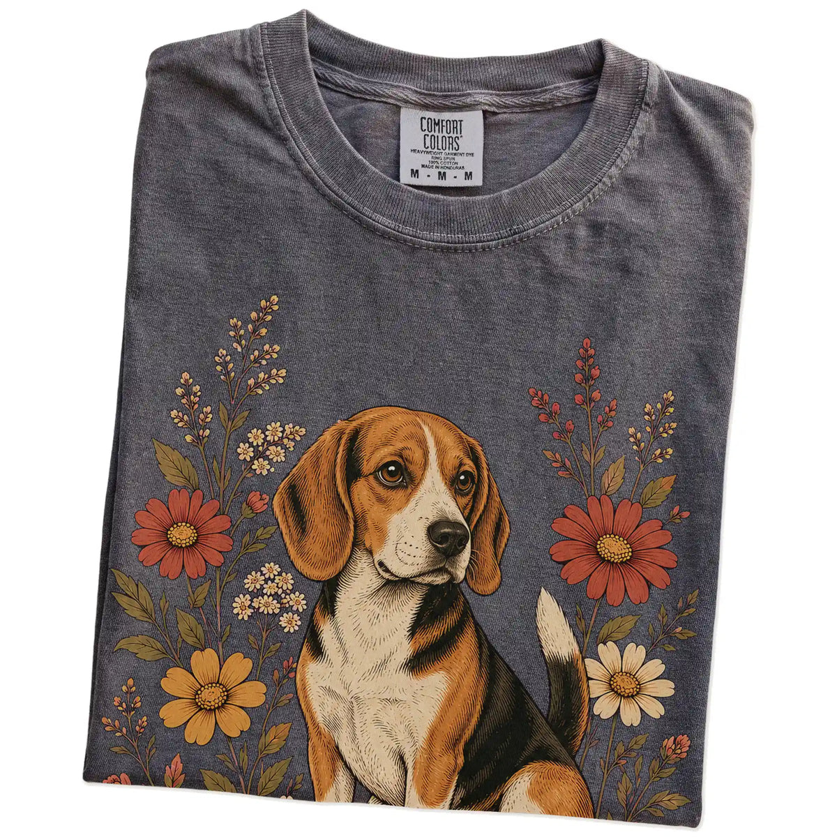 Folded Pepper Comfort Colors® T-shirt showing Beagle portrait surrounded by wildflowers beneath the moon