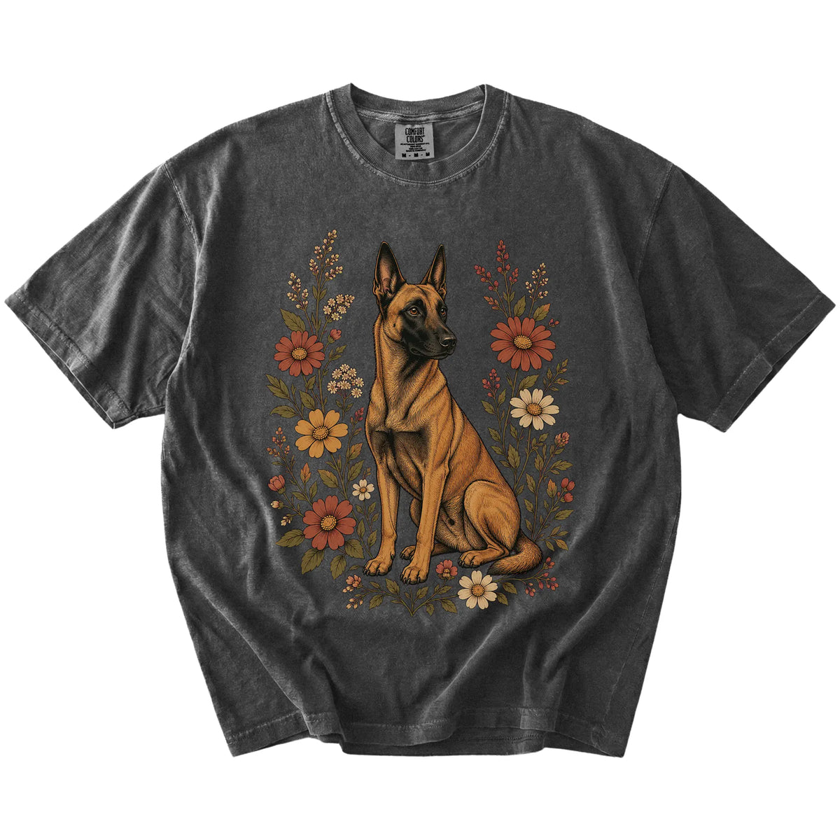 Belgian Malinois portrait surrounded by wildflowers beneath the moon on a Pepper Comfort Colors® T-shirt