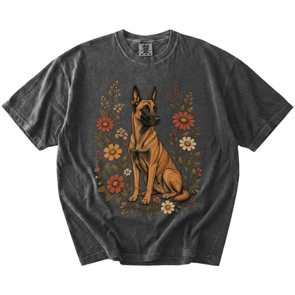 Belgian Malinois portrait surrounded by wildflowers beneath the moon on a Pepper Comfort Colors® T-shirt