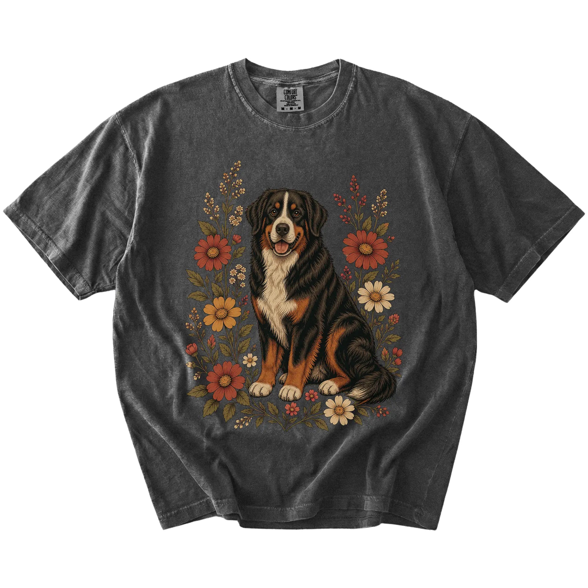 Bernese Mountain Dog portrait surrounded by wildflowers beneath the moon on a Pepper Comfort Colors® T-shirt