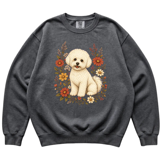 Pepper Comfort Colors® sweatshirt with Bichon Frise portrait and wildflowers, flat lay