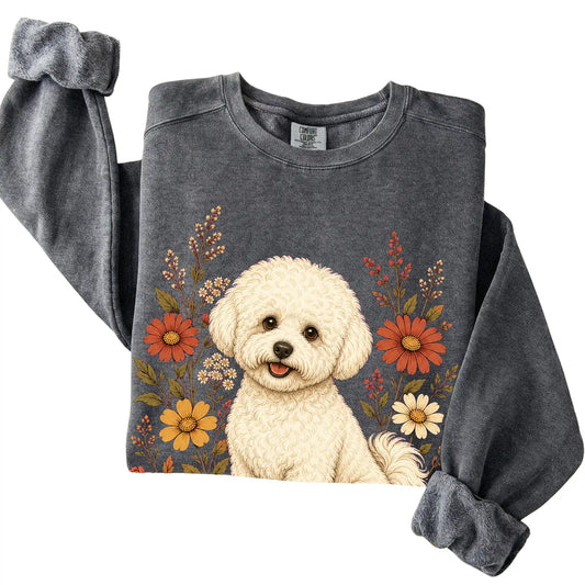 Pepper Comfort Colors® sweatshirt with Bichon Frise portrait and wildflowers, folded view