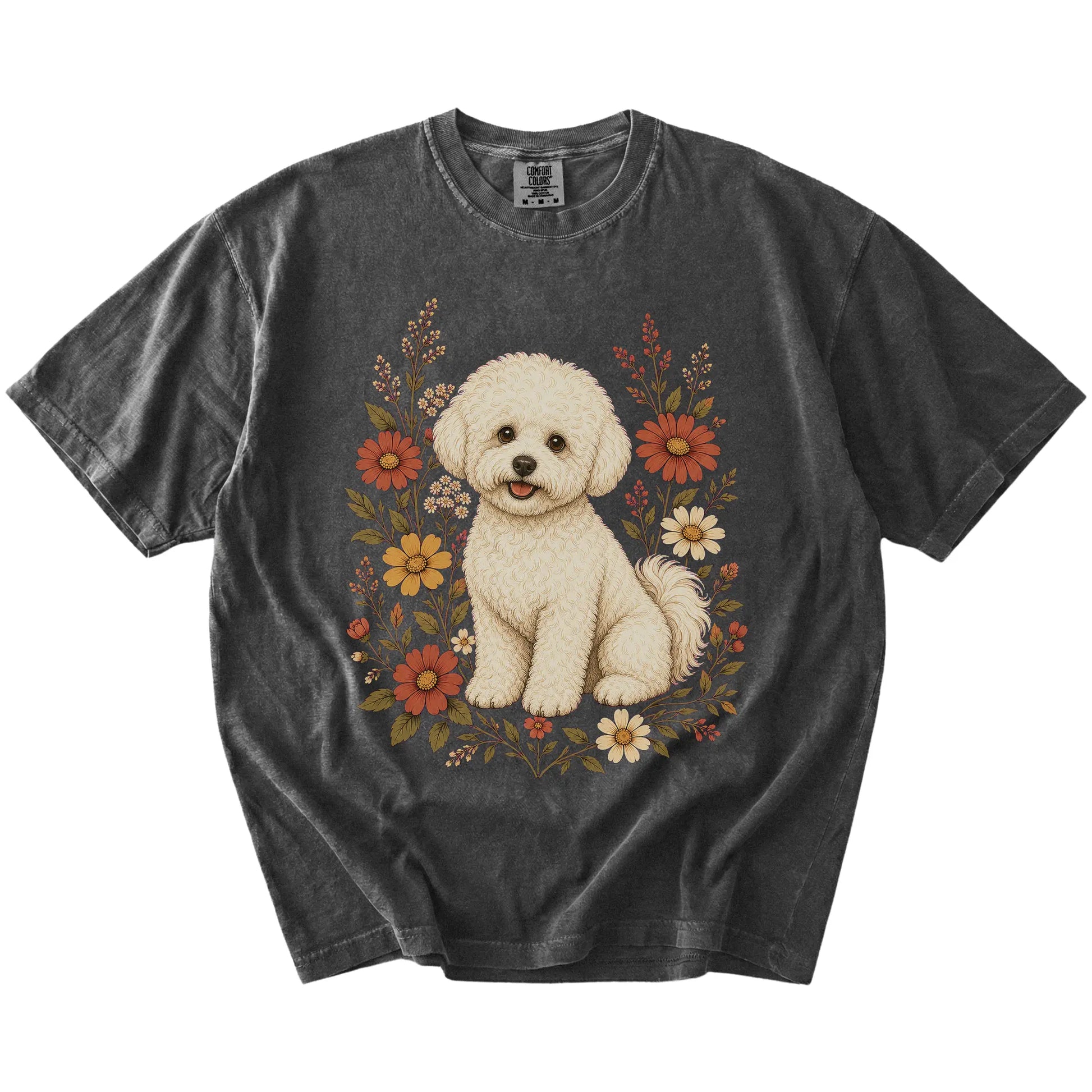 Bichon Frise portrait surrounded by wildflowers beneath the moon on a Pepper Comfort Colors® T-shirt