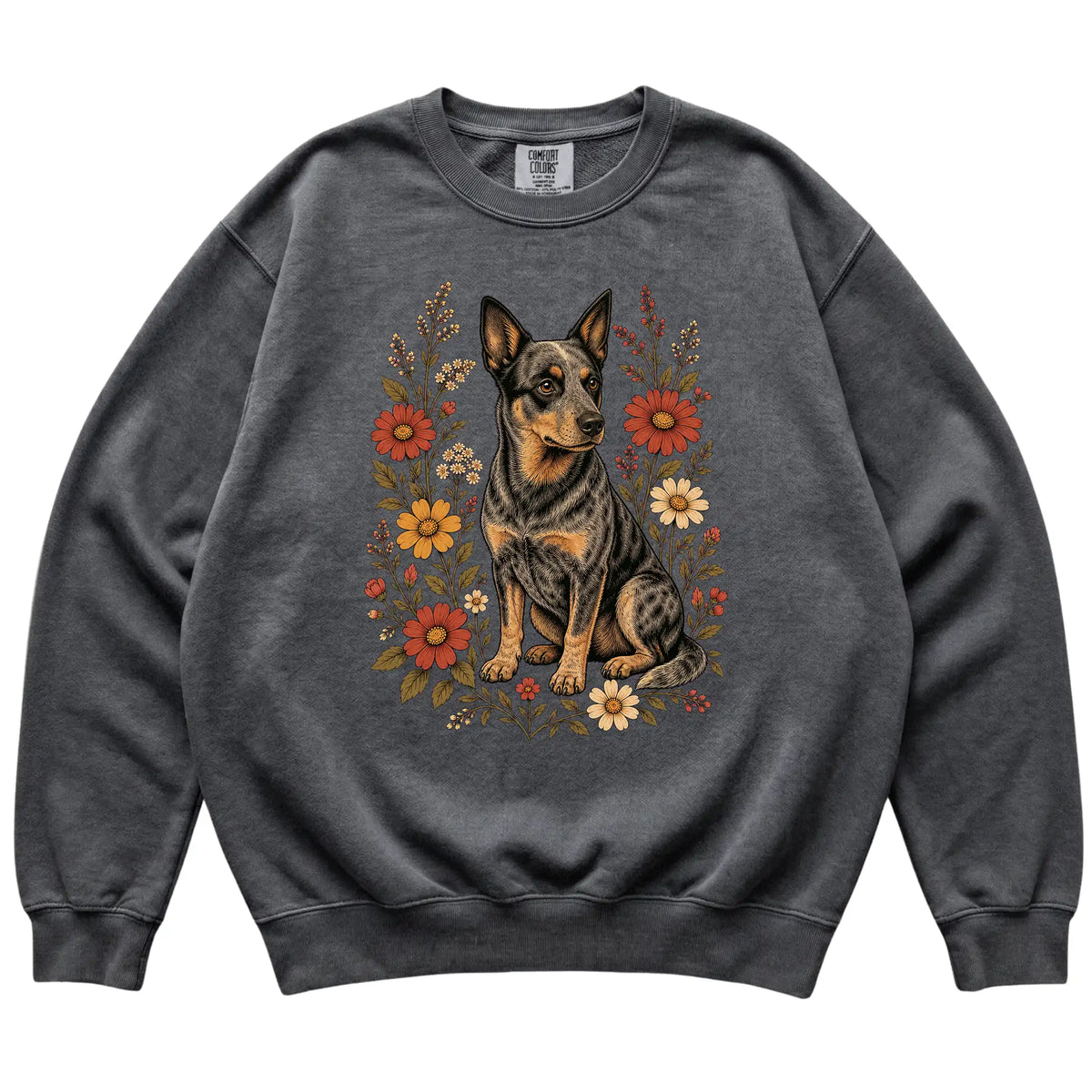 Pepper Comfort Colors® sweatshirt with Blue Heeler portrait and wildflowers, flat lay