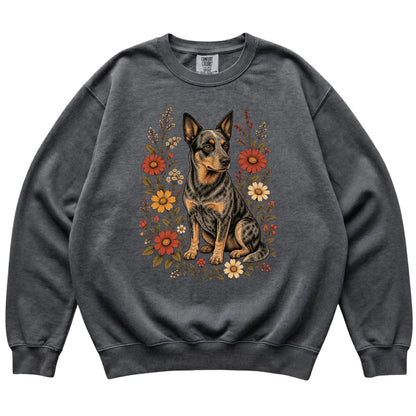Pepper Comfort Colors® sweatshirt with Blue Heeler portrait and wildflowers, flat lay