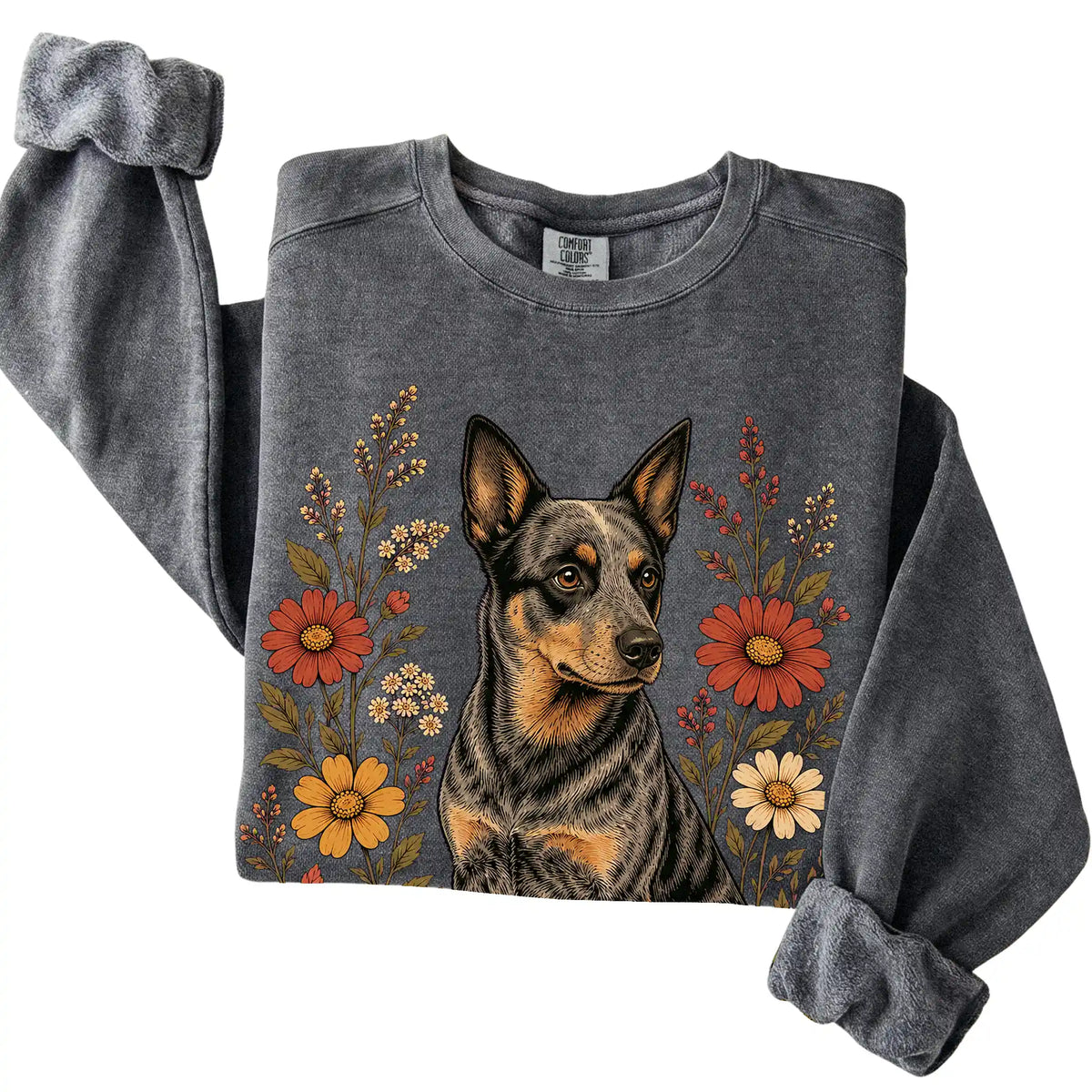Pepper Comfort Colors® sweatshirt with Blue Heeler portrait and wildflowers, folded view
