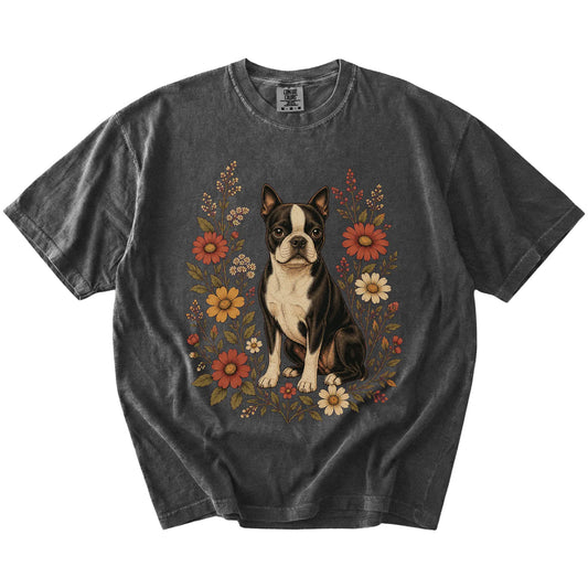 Boston Terrier portrait surrounded by wildflowers beneath the moon on a Pepper Comfort Colors® T-shirt