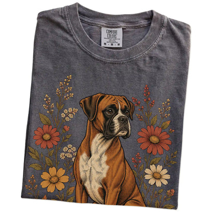 Folded Pepper Comfort Colors® T-shirt showing Boxer portrait surrounded by wildflowers beneath the moon