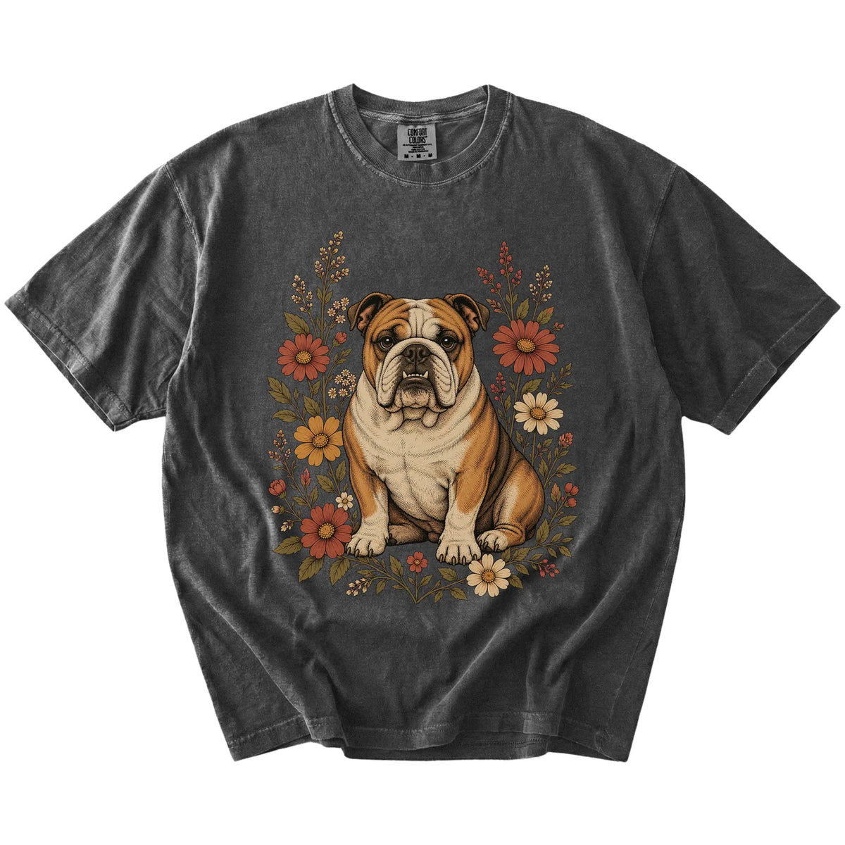 Bulldog portrait surrounded by wildflowers beneath the moon on a Pepper Comfort Colors® T-shirt