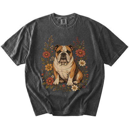 Bulldog portrait surrounded by wildflowers beneath the moon on a Pepper Comfort Colors® T-shirt