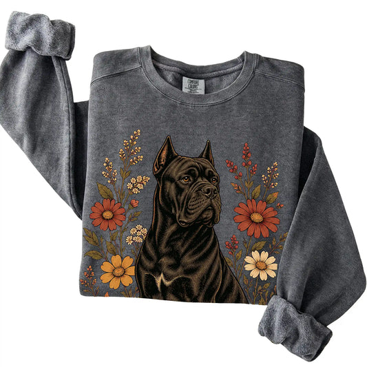 Pepper Comfort Colors® sweatshirt with Cane Corso portrait and wildflowers, folded view