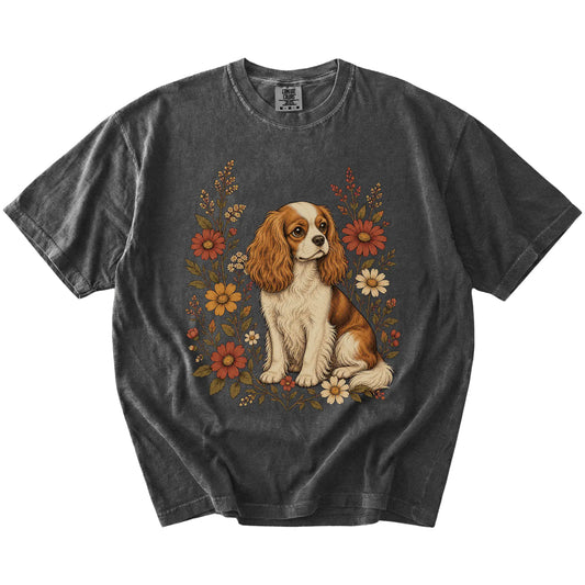 Cavalier King Charles Spaniel portrait surrounded by wildflowers beneath the moon on a Pepper Comfort Colors® T-shirt