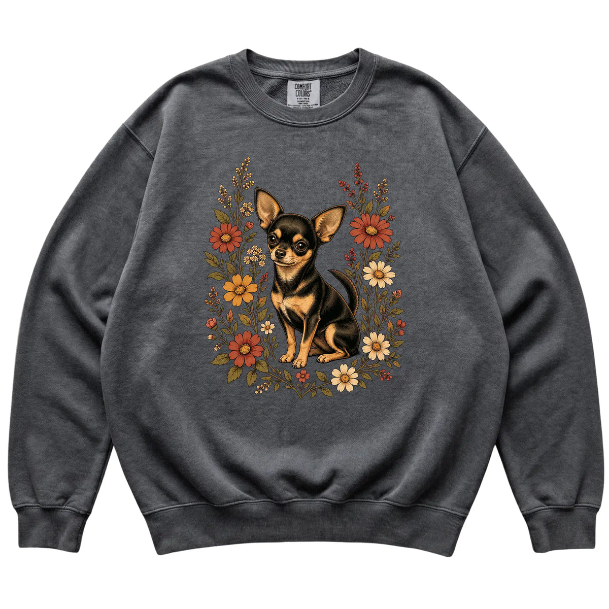 Pepper Comfort Colors® sweatshirt with Chihuahua portrait and wildflowers, flat lay