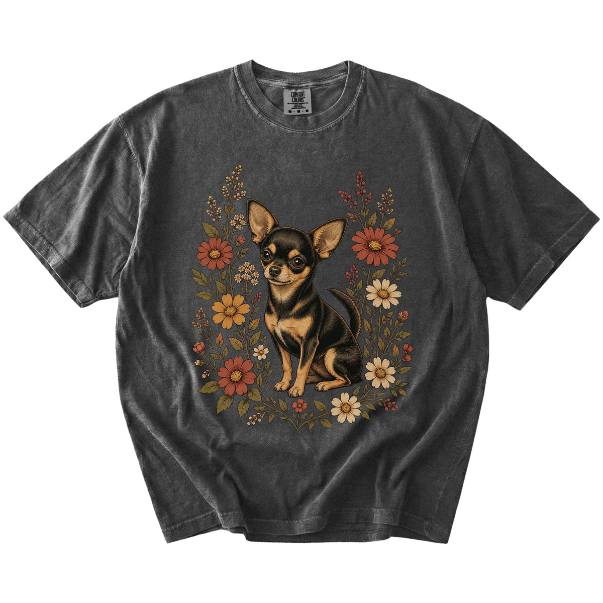 Chihuahua portrait surrounded by wildflowers beneath the moon on a Pepper Comfort Colors® T-shirt