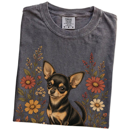 Folded Pepper Comfort Colors® T-shirt showing Chihuahua portrait surrounded by wildflowers beneath the moon