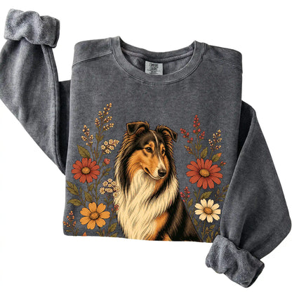 Pepper Comfort Colors® sweatshirt with Collie portrait and wildflowers, folded view