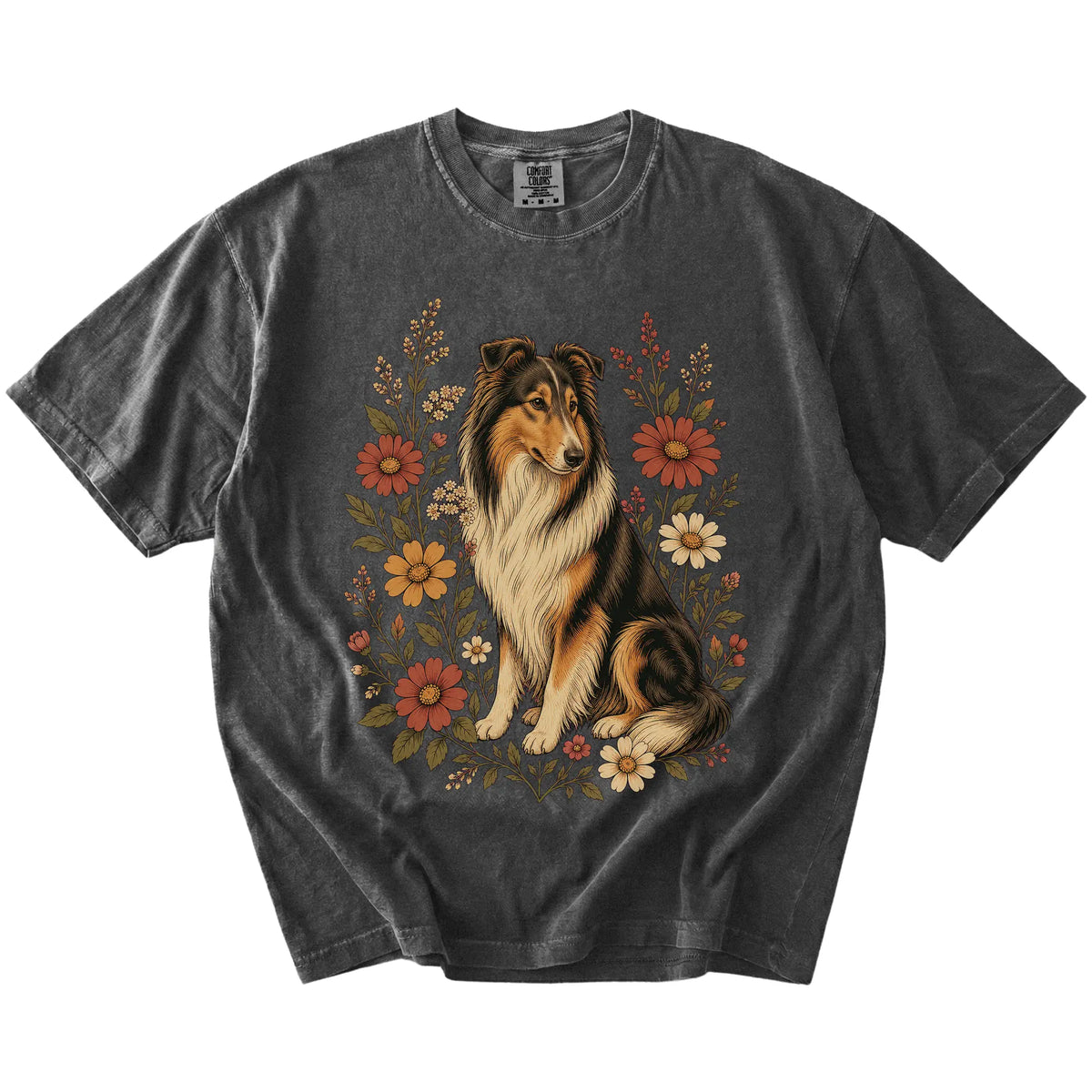 Collie portrait surrounded by wildflowers beneath the moon on a Pepper Comfort Colors® T-shirt