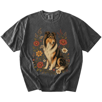 Collie portrait surrounded by wildflowers beneath the moon on a Pepper Comfort Colors® T-shirt