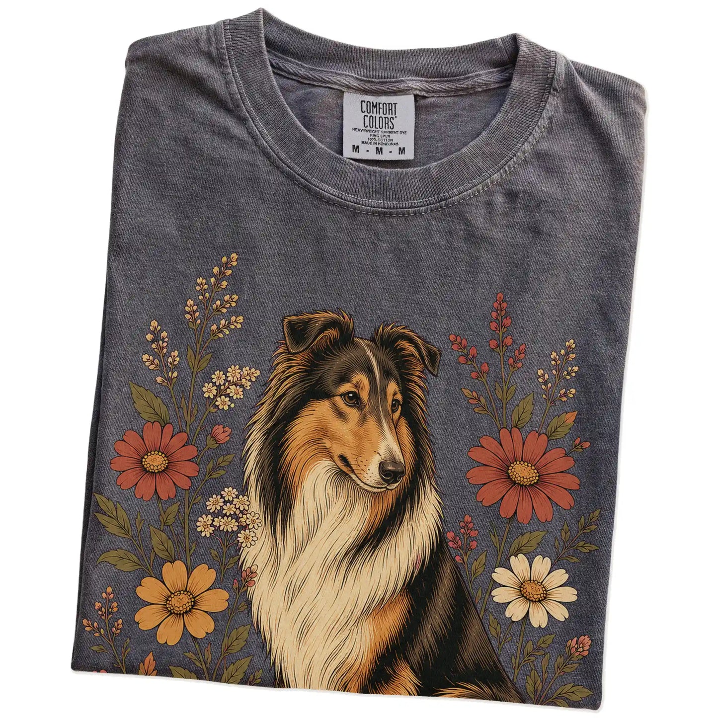 Folded Pepper Comfort Colors® T-shirt showing Collie portrait surrounded by wildflowers beneath the moon