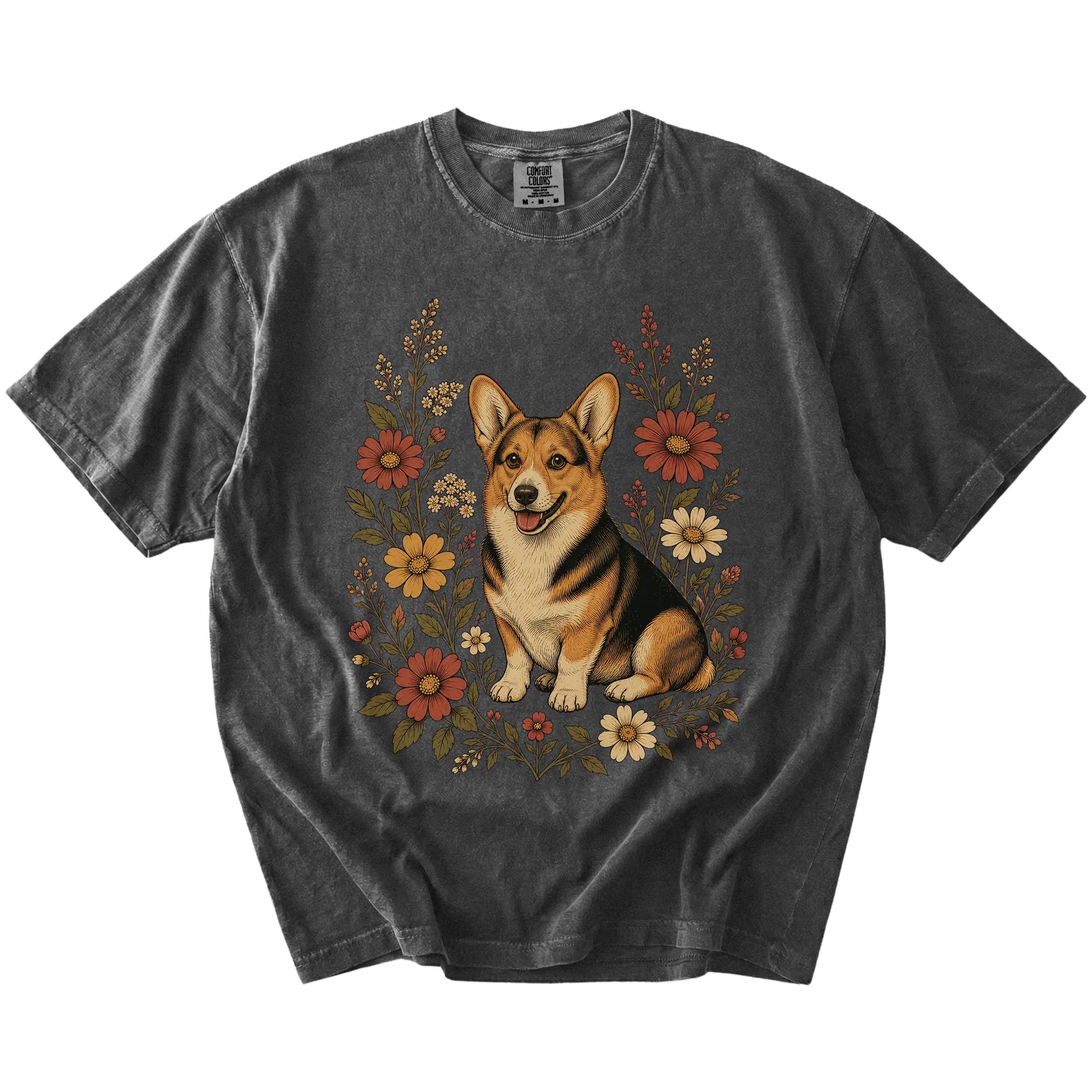 Corgi portrait surrounded by wildflowers beneath the moon on a Pepper Comfort Colors® T-shirt