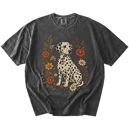 Dalmatian portrait surrounded by wildflowers beneath the moon on a Pepper Comfort Colors® T-shirt
